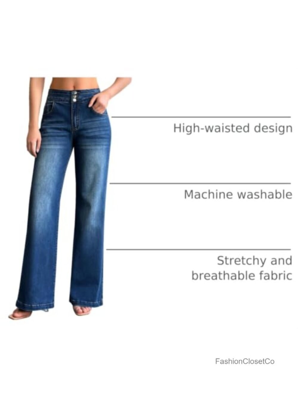 Women's Wide Leg High Waisted Stretch Baggy Loose Denim Pants - Picture 4 of 6